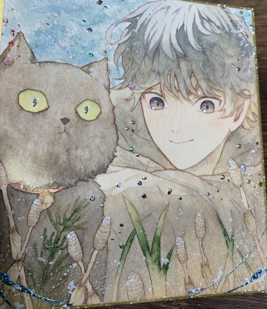 手描きイラスト オリジナル 「散歩の途中で」 原画 創作 男の子 青年 1/4色紙サイズ 透明水彩