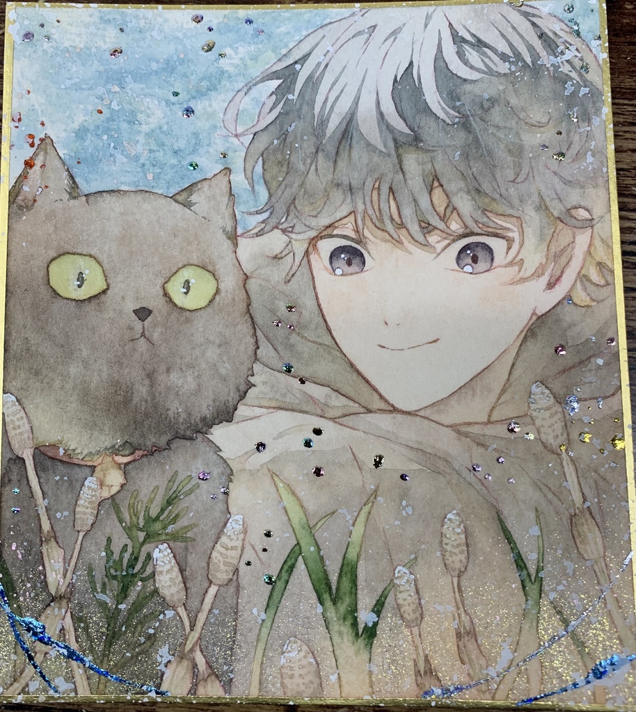 手描きイラスト オリジナル 「散歩の途中で」 原画 創作 男の子 青年 1/4色紙サイズ 透明水彩