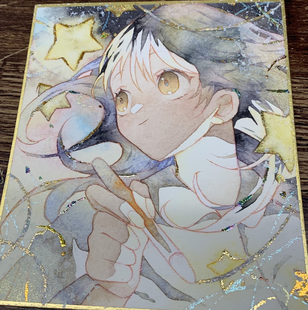 手描きイラスト オリジナル 「夜更かしお絵描き」 原画 創作 女の子 1/4色紙サイズ 透明水彩