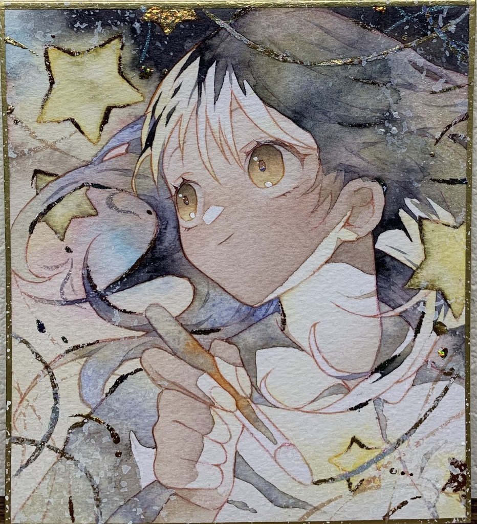 手描きイラスト オリジナル 「夜更かしお絵描き」 原画 創作 女の子 1/4色紙サイズ 透明水彩