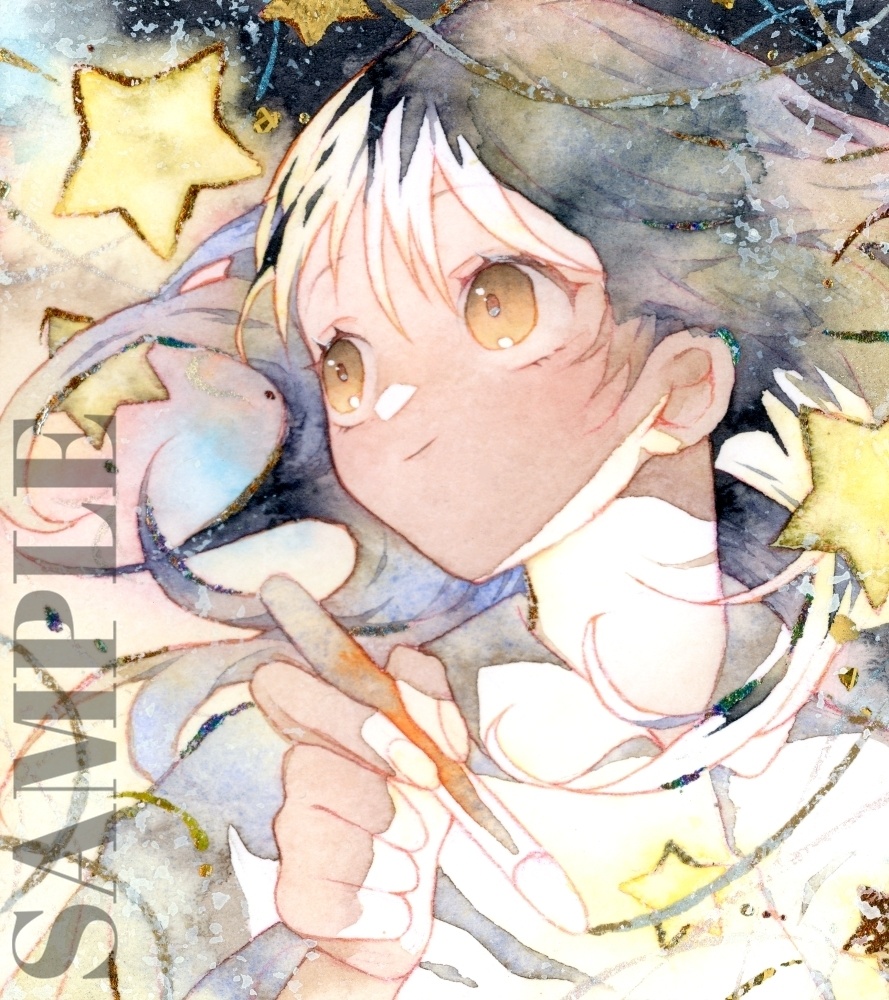 手描きイラスト オリジナル　「夜更かしお絵描き」　原画　創作　女の子　1/4色紙サイズ　透明水彩