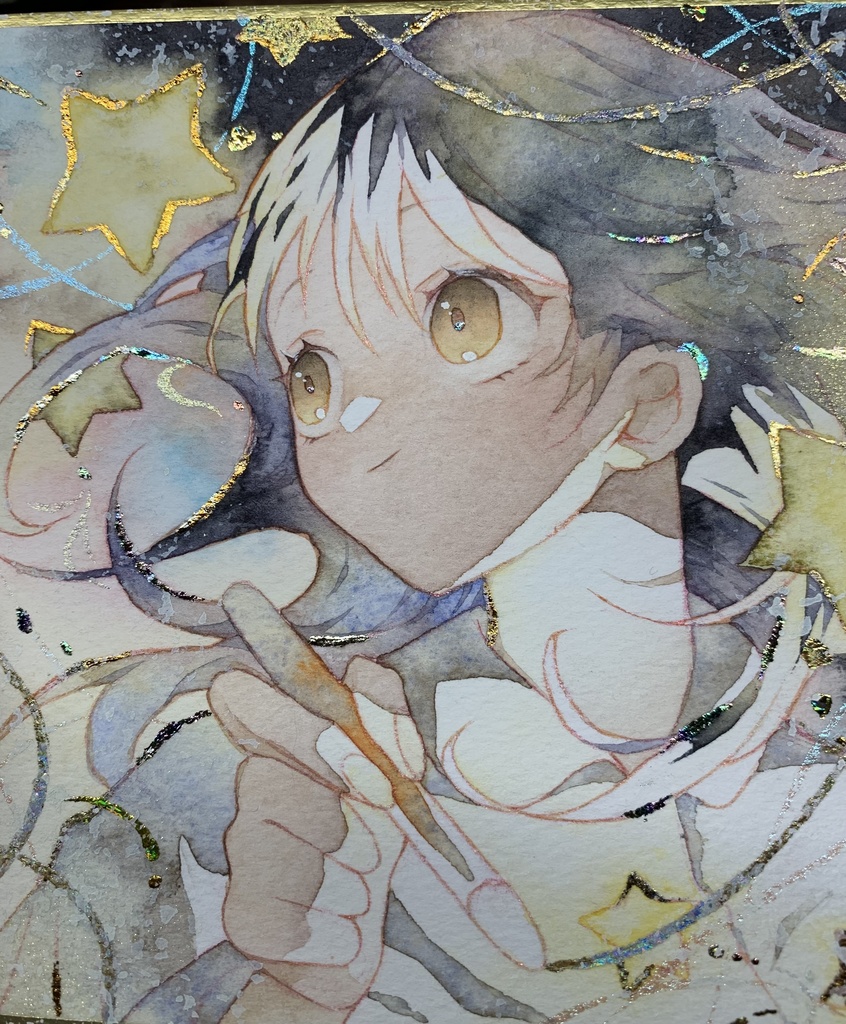 手描きイラスト オリジナル 「夜更かしお絵描き」 原画 創作 女の子 1/4色紙サイズ 透明水彩