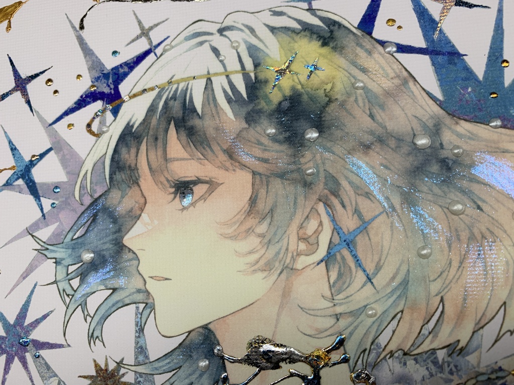 手描きイラスト グッズ キャンバスプリント×デコレーション 「星達の行方」