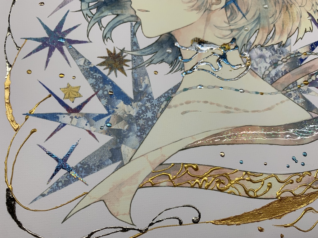 手描きイラスト グッズ キャンバスプリント×デコレーション 「星達の行方」