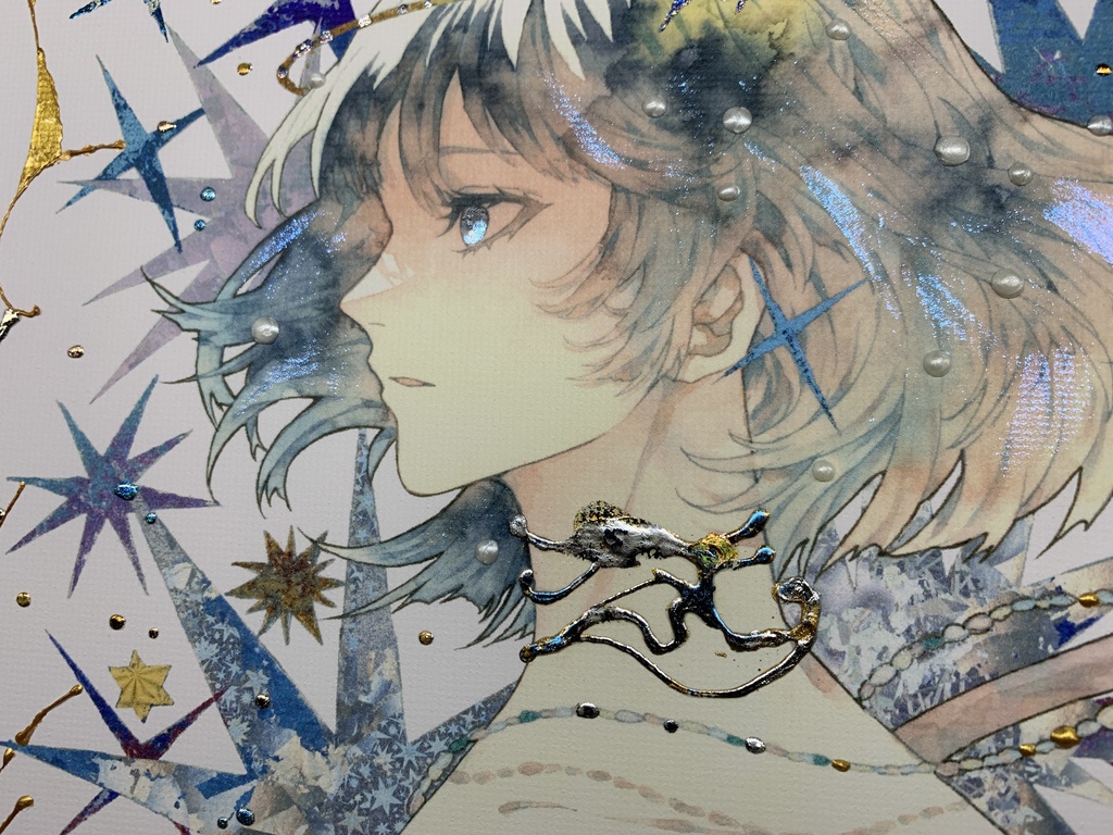 手描きイラスト グッズ キャンバスプリント×デコレーション 「星達の行方」