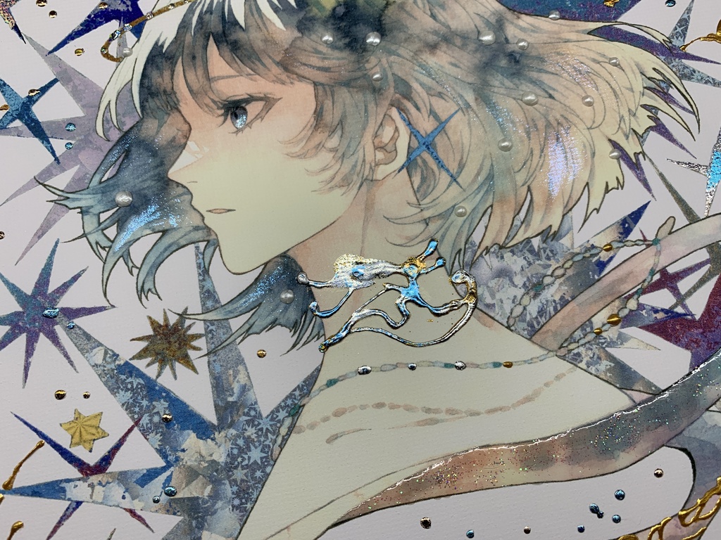 手描きイラスト グッズ キャンバスプリント×デコレーション 「星達の行方」