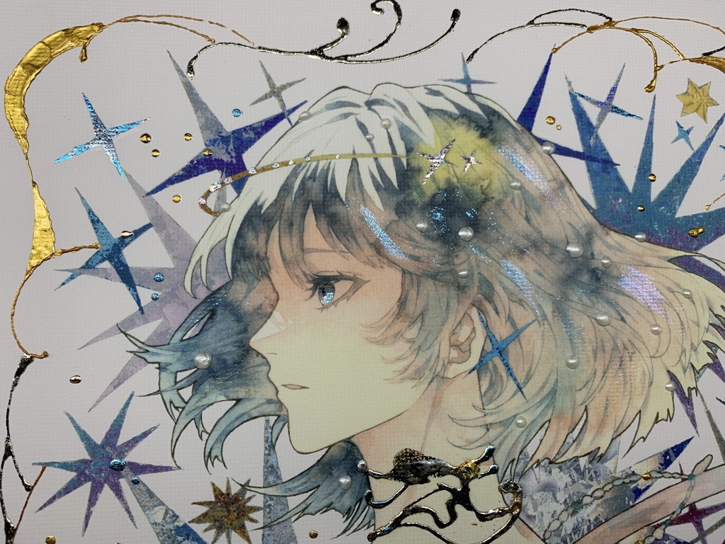 手描きイラスト グッズ キャンバスプリント×デコレーション 「星達の行方」