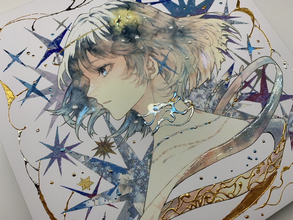 手描きイラスト グッズ キャンバスプリント×デコレーション 「星達の行方」