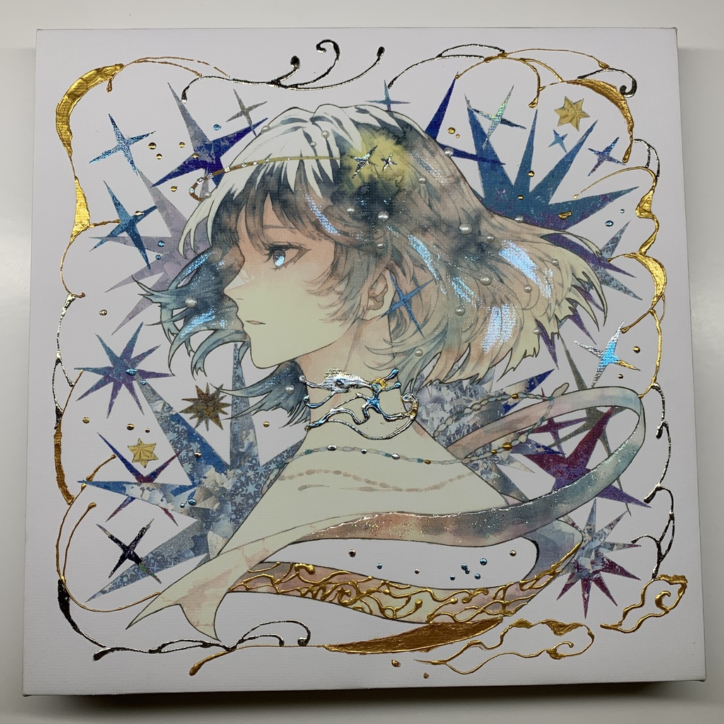 手描きイラスト グッズ キャンバスプリント×デコレーション 「星達の行方」