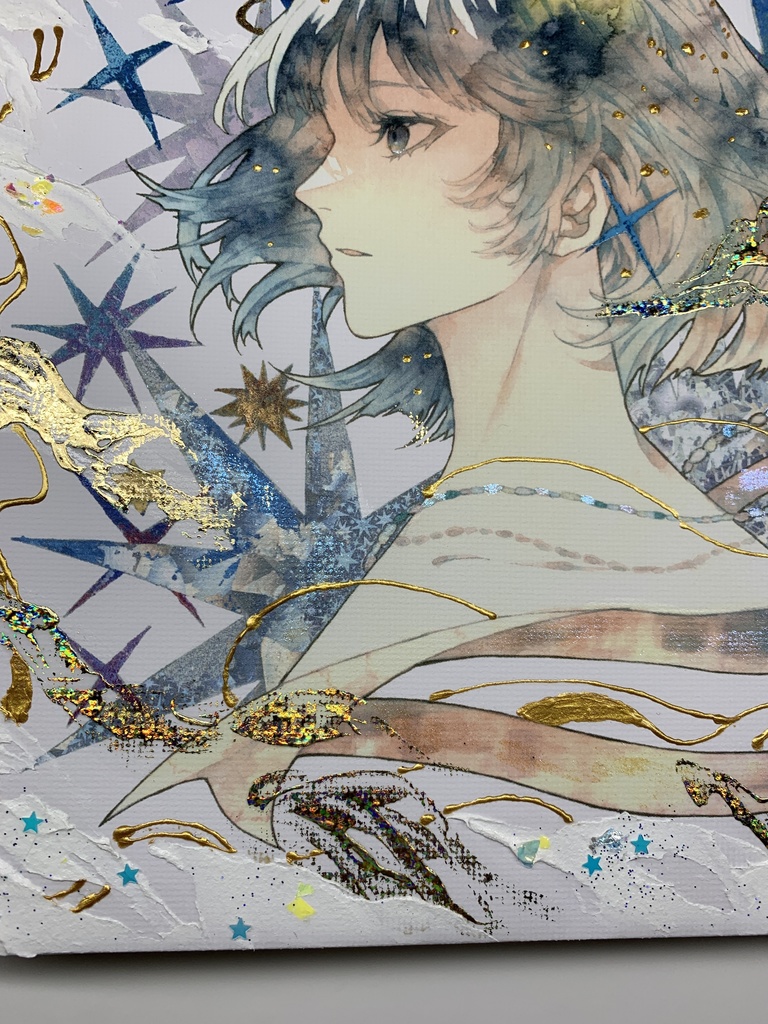 手描きイラスト グッズ キャンバスプリント×デコレーション 「星達の行方」