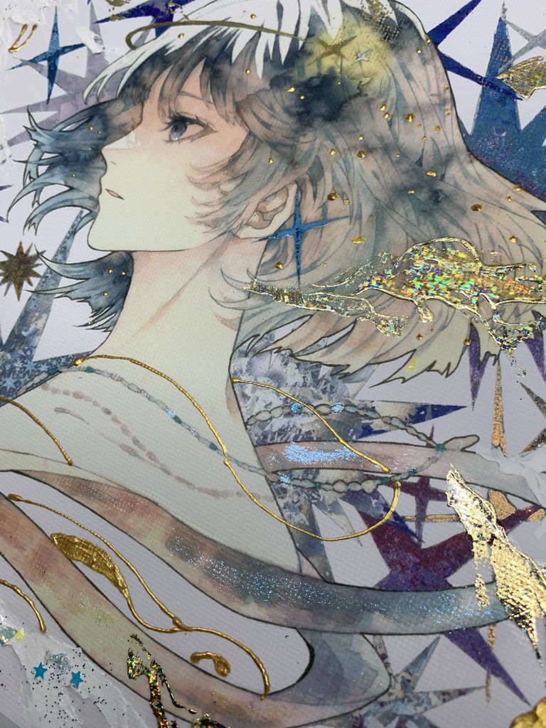 手描きイラスト グッズ キャンバスプリント×デコレーション 「星達の行方」