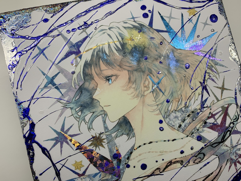 手描きイラスト グッズ キャンバスプリント×デコレーション 「星達の行方」