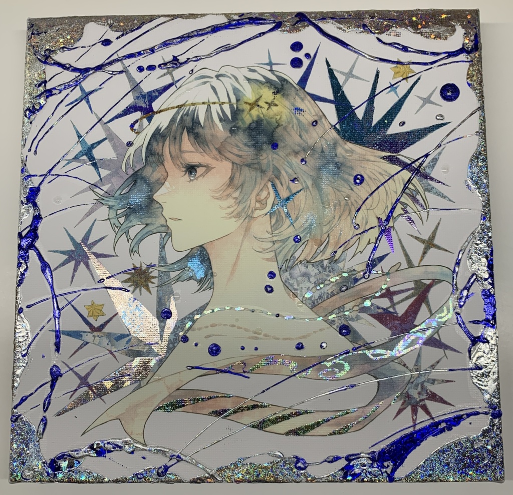 手描きイラスト　グッズ　キャンバスプリント×デコレーション　「星達の行方」