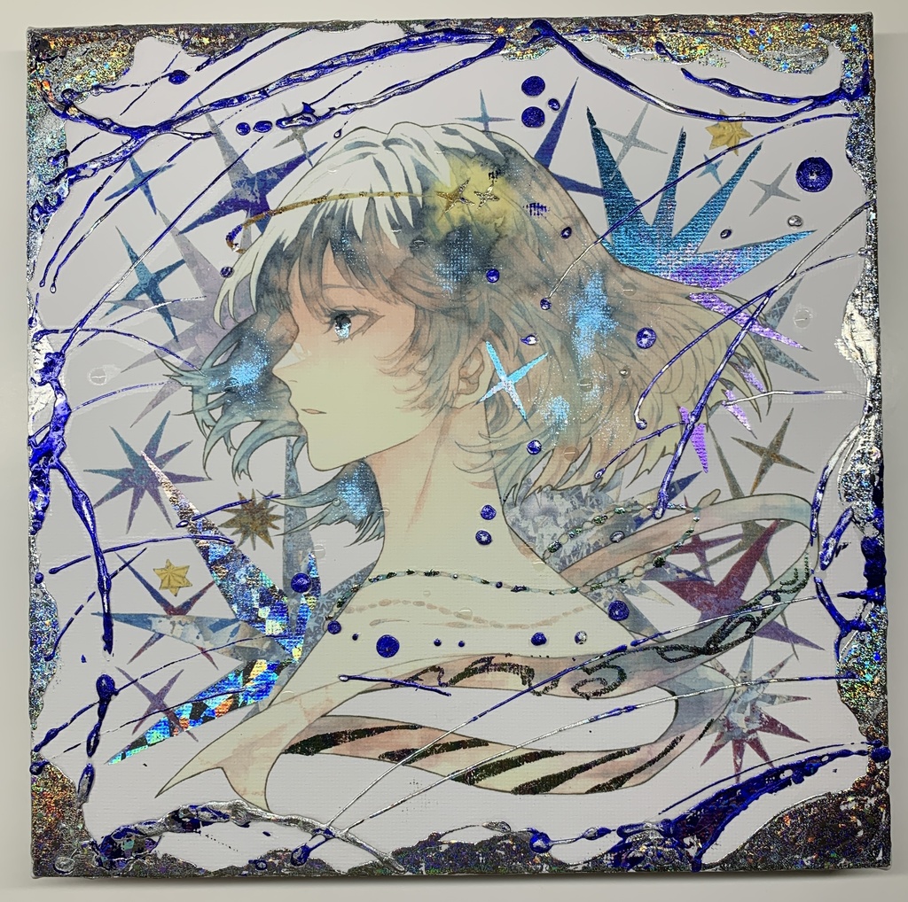 手描きイラスト グッズ キャンバスプリント×デコレーション 「星達の行方」