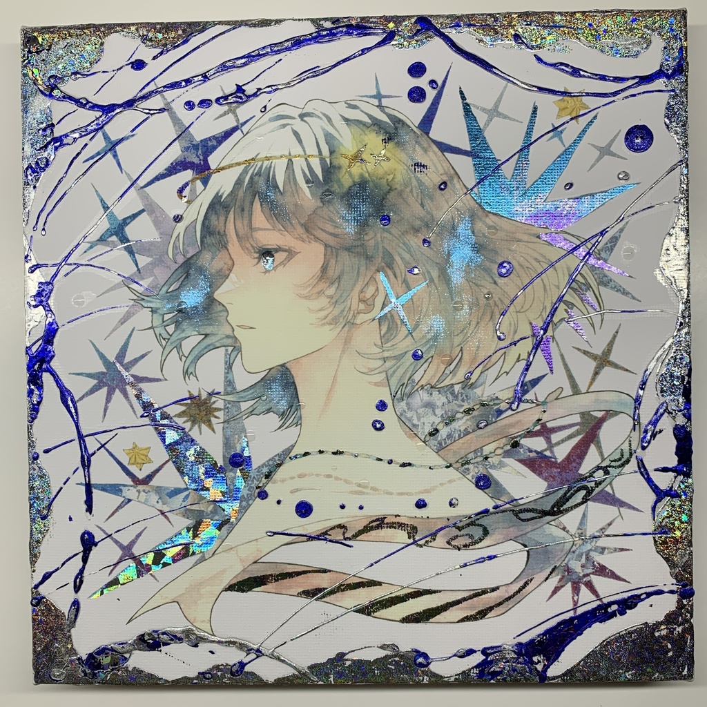 手描きイラスト グッズ キャンバスプリント×デコレーション 「星達の行方」