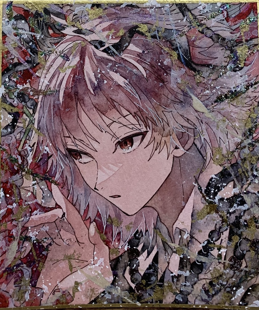 手描きイラスト オリジナル 「彼岸の御迎え人」 原画 創作 男の子 青年 1/4色紙サイズ 透明水彩