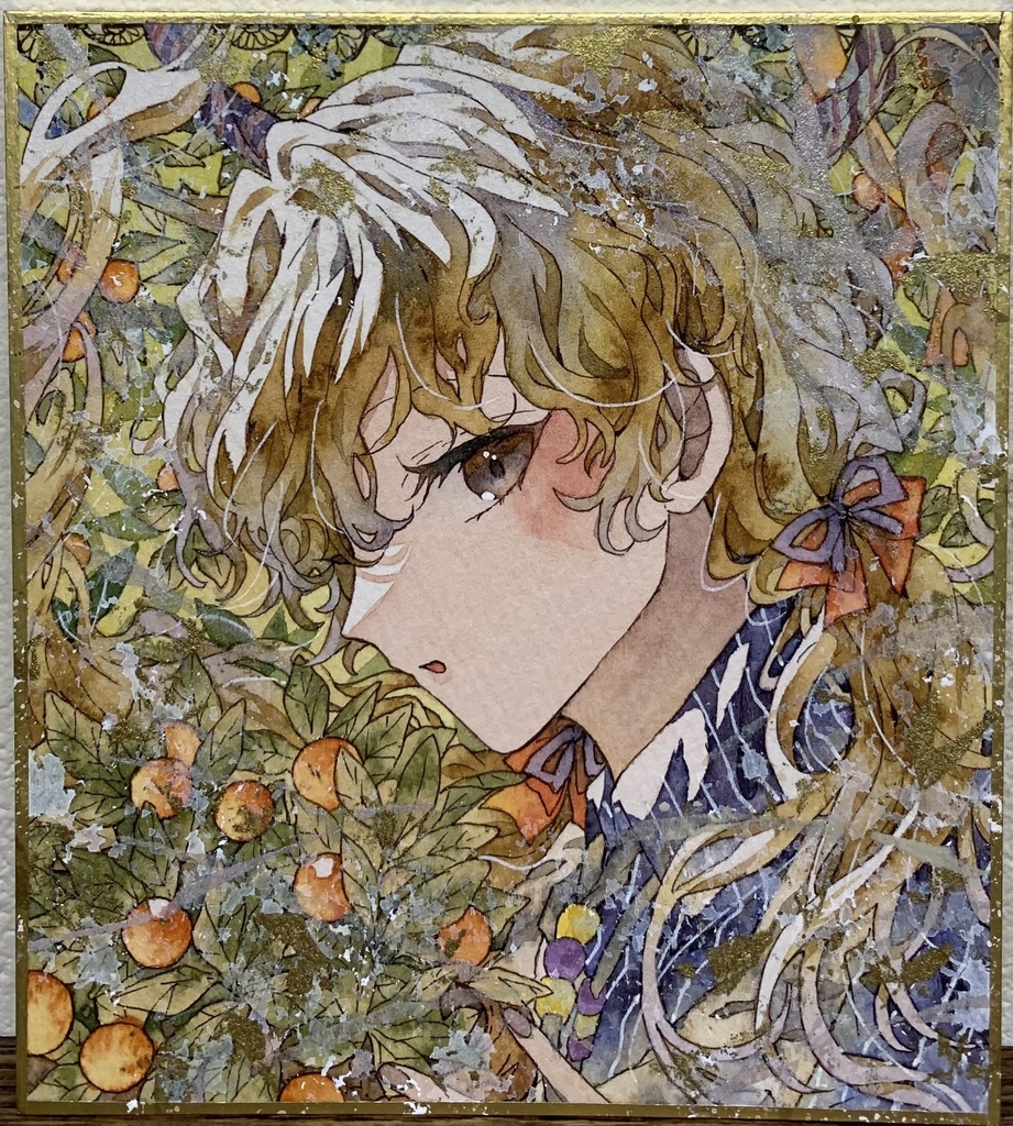 手描きイラスト オリジナル 「花屋のおすすめ」 原画 創作 女の子 1/4色紙サイズ 透明水彩