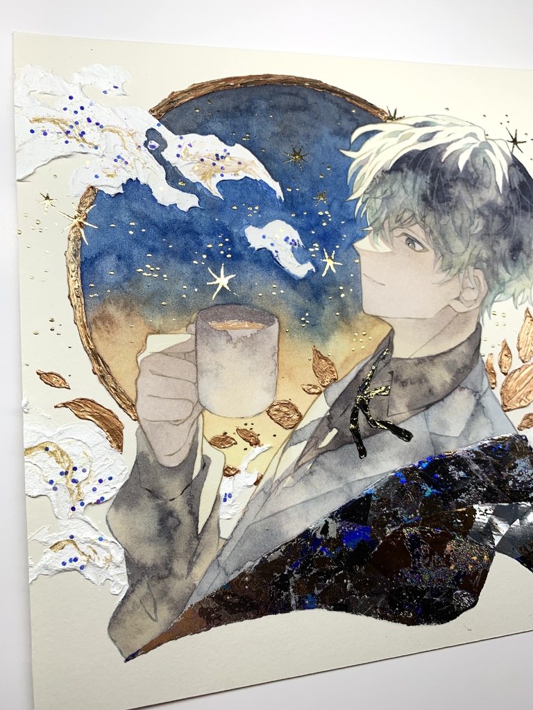 オリジナル 手描きイラスト 男の子 青年 「輝く星の下で」 正方形サイズ 透明水彩