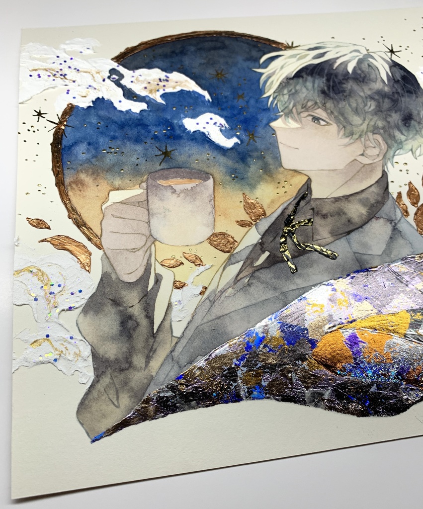 オリジナル 手描きイラスト 男の子 青年 「輝く星の下で」 正方形サイズ 透明水彩