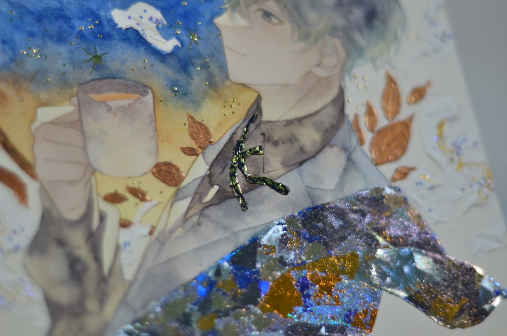 オリジナル 手描きイラスト 男の子 青年 「輝く星の下で」 正方形サイズ 透明水彩