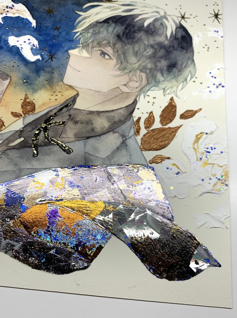 オリジナル 手描きイラスト 男の子 青年 「輝く星の下で」 正方形サイズ 透明水彩
