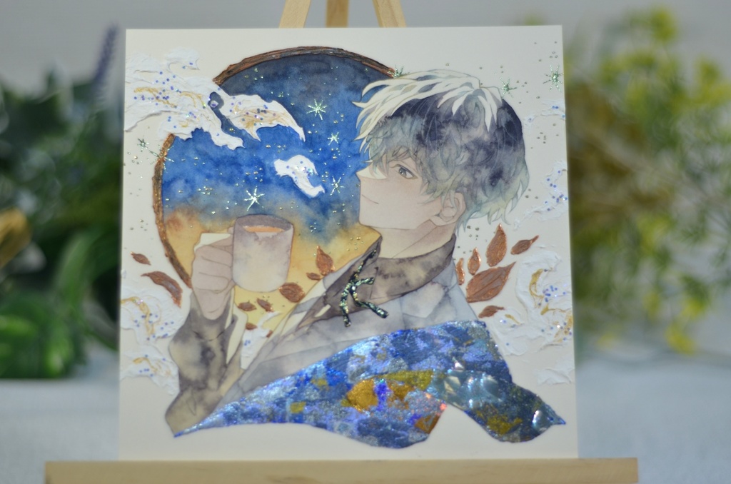 オリジナル 手描きイラスト 男の子 青年 「輝く星の下で」 正方形サイズ 透明水彩