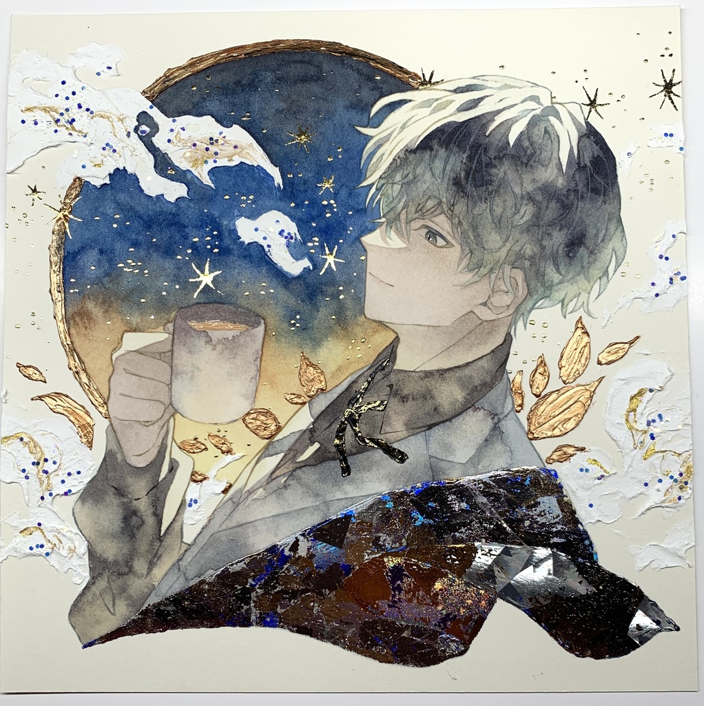 オリジナル 手描きイラスト 男の子 青年 「輝く星の下で」 正方形サイズ 透明水彩