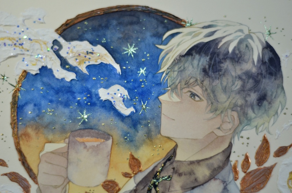 オリジナル 手描きイラスト 男の子 青年 「輝く星の下で」 正方形サイズ 透明水彩