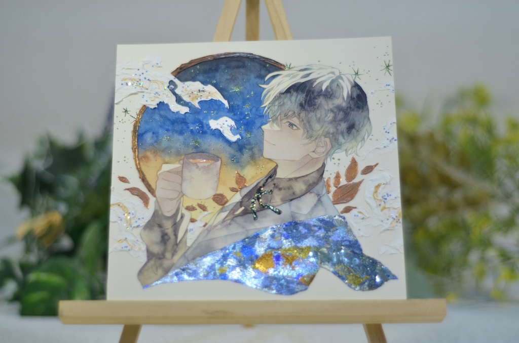 オリジナル 手描きイラスト 男の子 青年 「輝く星の下で」 正方形サイズ 透明水彩