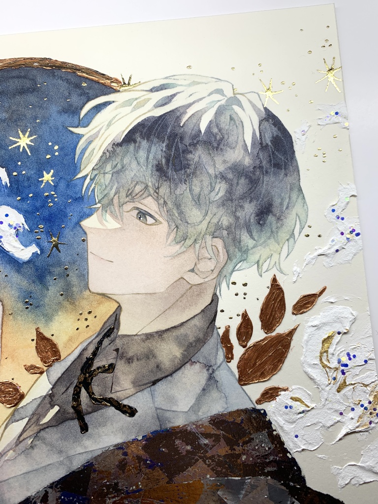 オリジナル 手描きイラスト 男の子 青年 「輝く星の下で」 正方形サイズ 透明水彩