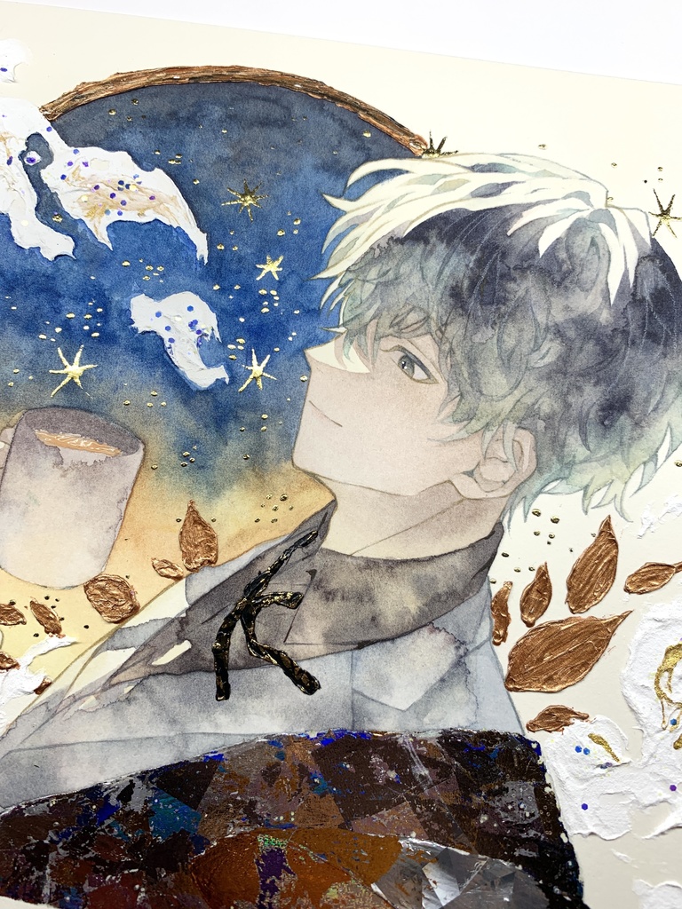 オリジナル 手描きイラスト 男の子 青年 「輝く星の下で」 正方形サイズ 透明水彩