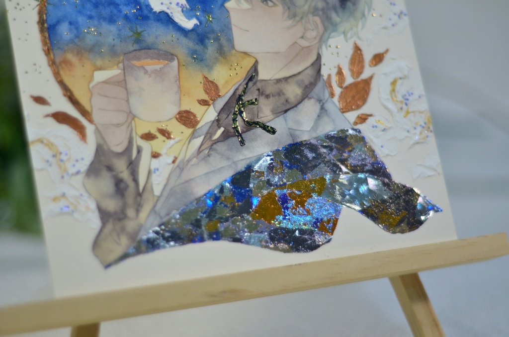 オリジナル 手描きイラスト 男の子 青年 「輝く星の下で」 正方形サイズ 透明水彩