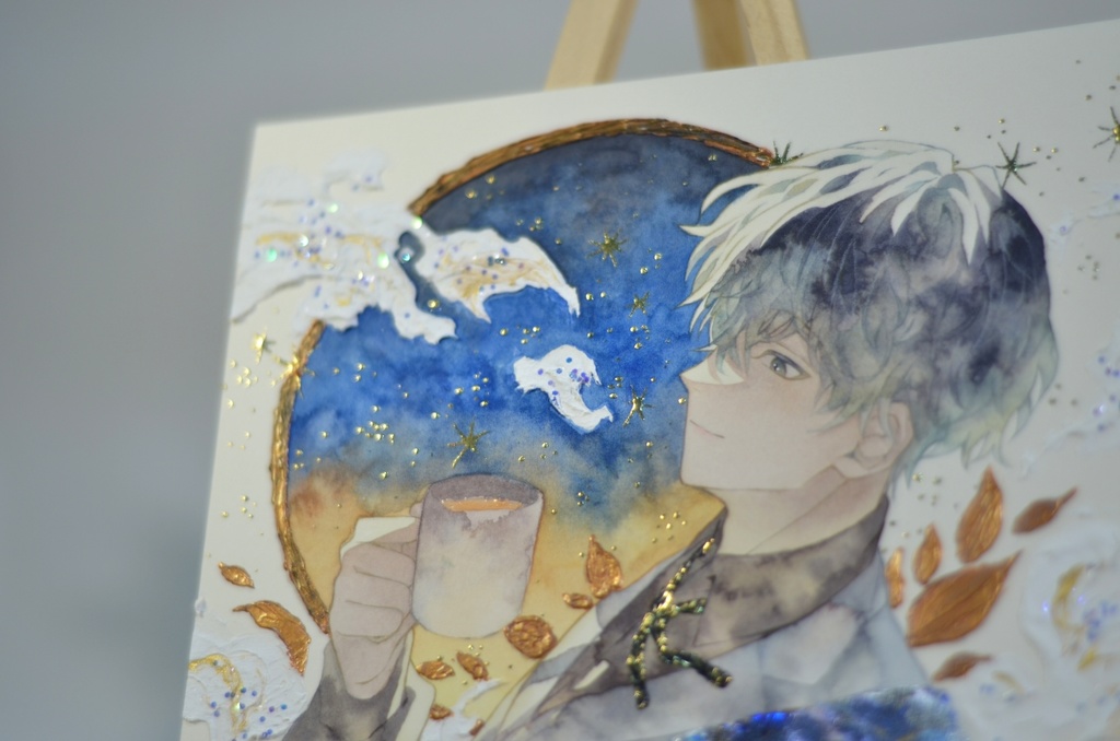 オリジナル 手描きイラスト 男の子 青年 「輝く星の下で」 正方形サイズ 透明水彩