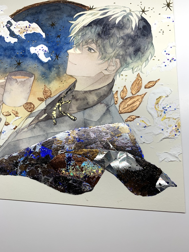 オリジナル 手描きイラスト 男の子 青年 「輝く星の下で」 正方形サイズ 透明水彩