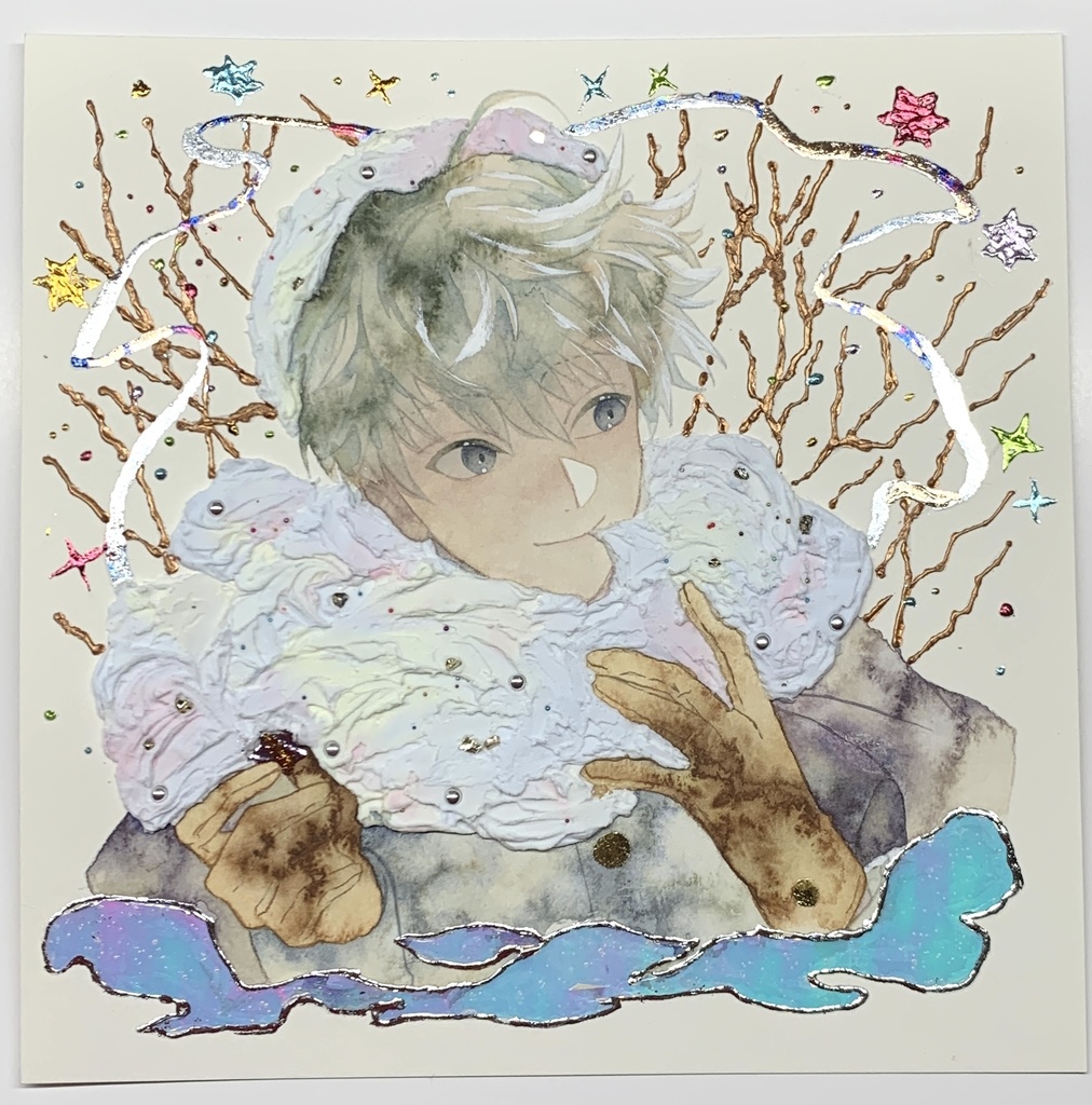 オリジナル 手描きイラスト 男の子 青年 「わたがしのマフラー」 正方形サイズ 透明水彩