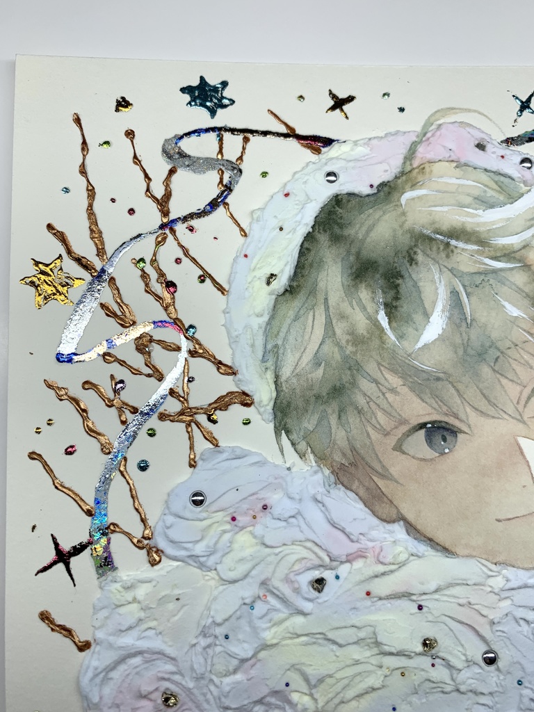 オリジナル 手描きイラスト 男の子 青年 「わたがしのマフラー」 正方形サイズ 透明水彩