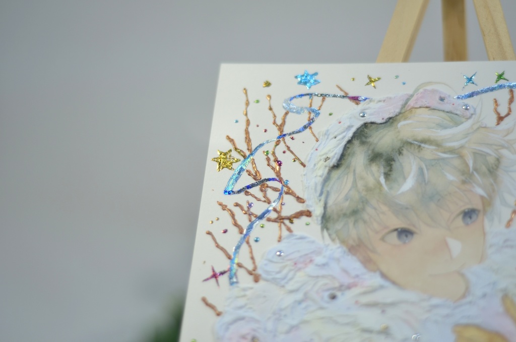 オリジナル 手描きイラスト 男の子 青年 「わたがしのマフラー」 正方形サイズ 透明水彩