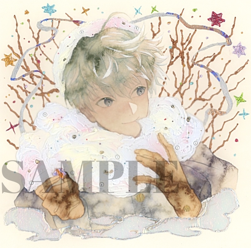 オリジナル　手描きイラスト　男の子　青年 　原画　「わたがしのマフラー」 正方形サイズ　透明水彩