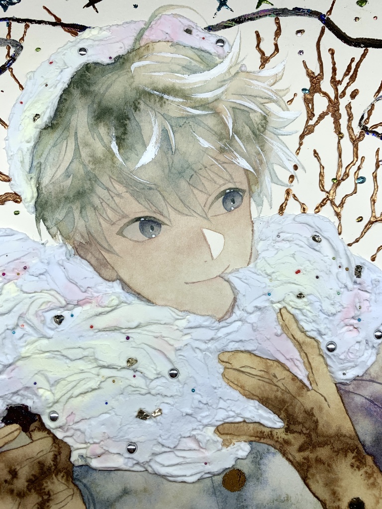 オリジナル 手描きイラスト 男の子 青年 「わたがしのマフラー」 正方形サイズ 透明水彩