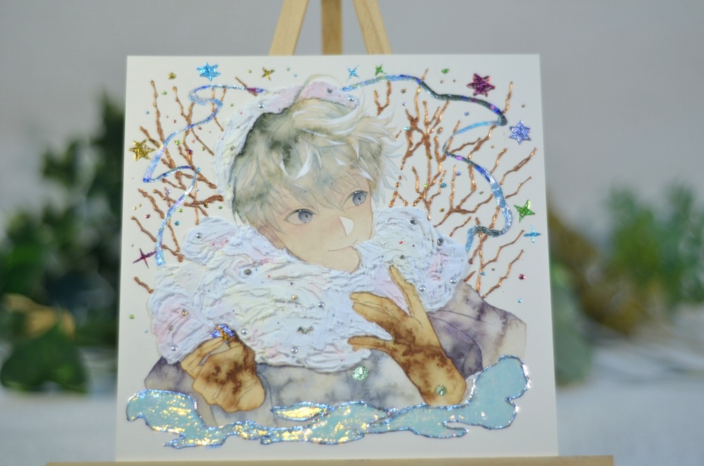 オリジナル 手描きイラスト 男の子 青年 「わたがしのマフラー」 正方形サイズ 透明水彩