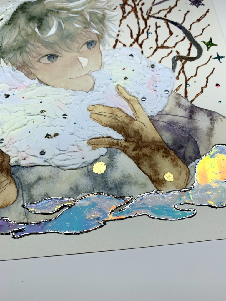 オリジナル 手描きイラスト 男の子 青年 「わたがしのマフラー」 正方形サイズ 透明水彩