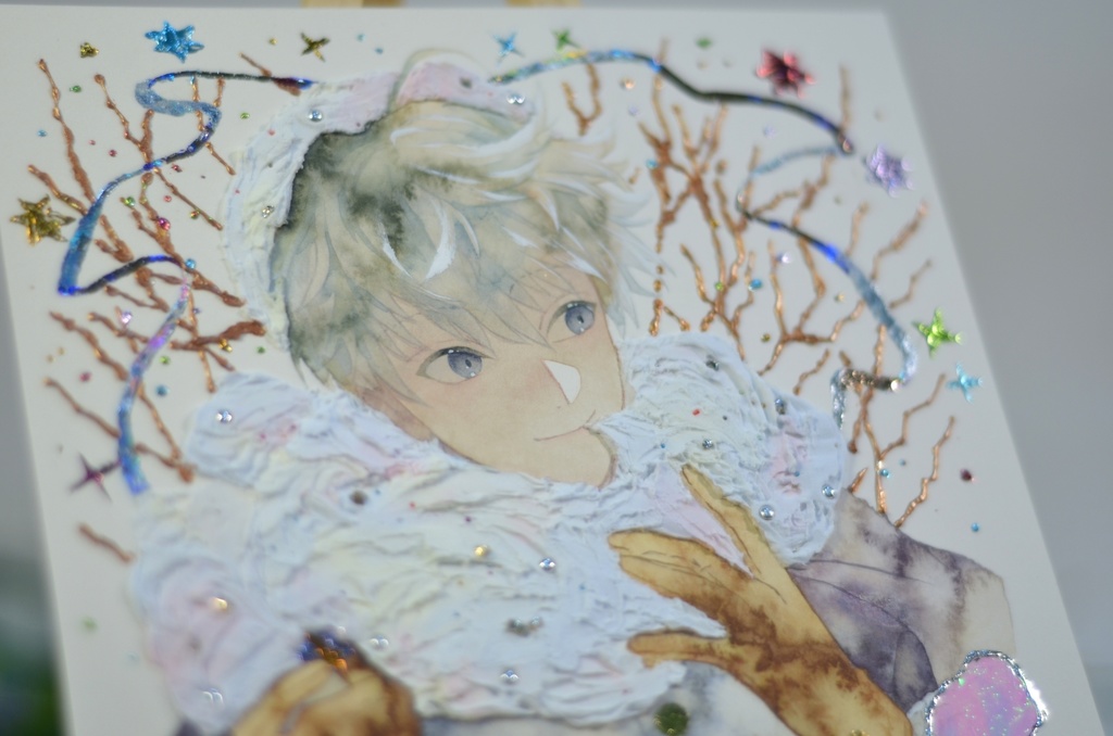 オリジナル 手描きイラスト 男の子 青年 「わたがしのマフラー」 正方形サイズ 透明水彩