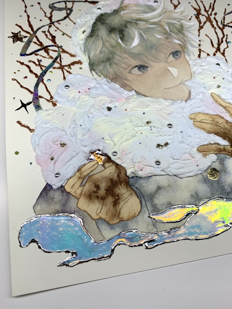 オリジナル 手描きイラスト 男の子 青年 「わたがしのマフラー」 正方形サイズ 透明水彩