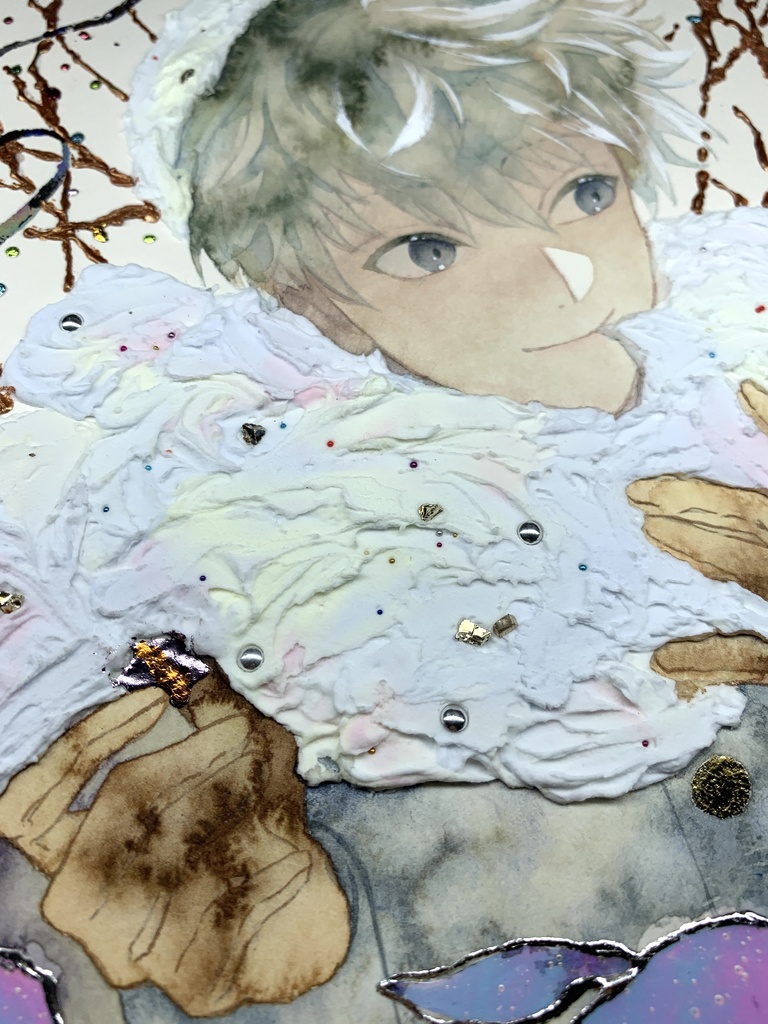 オリジナル 手描きイラスト 男の子 青年 「わたがしのマフラー」 正方形サイズ 透明水彩