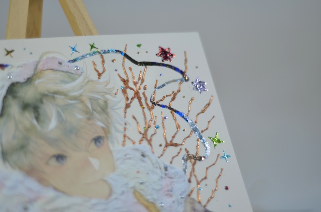 オリジナル 手描きイラスト 男の子 青年 「わたがしのマフラー」 正方形サイズ 透明水彩