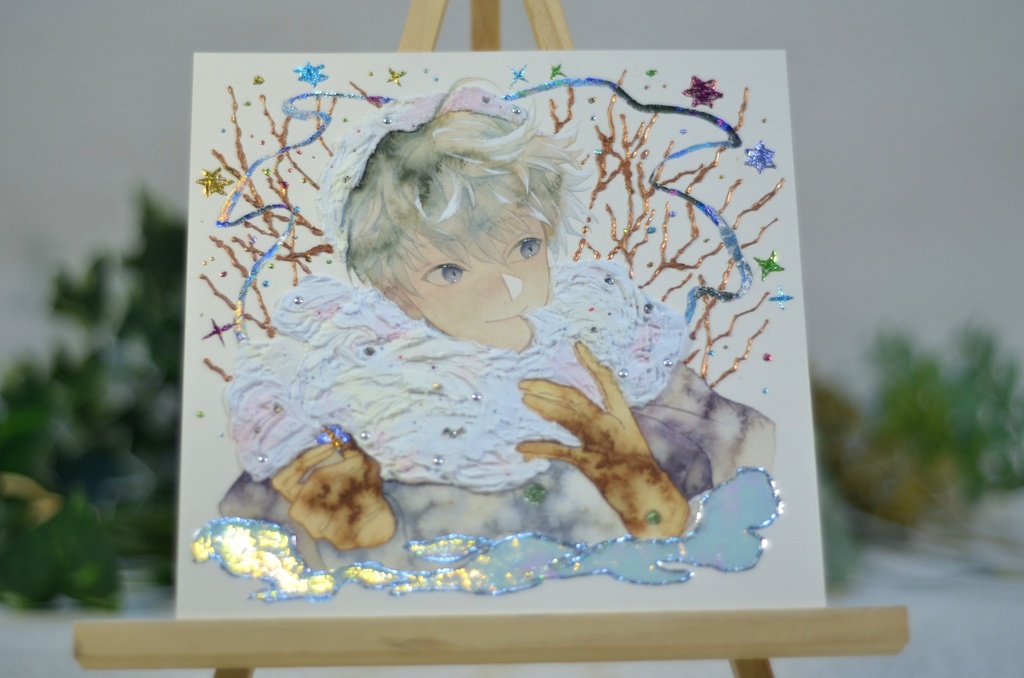 オリジナル 手描きイラスト 男の子 青年 「わたがしのマフラー」 正方形サイズ 透明水彩