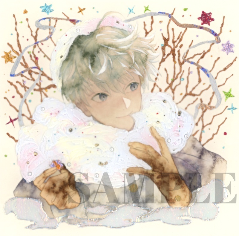 オリジナル 手描きイラスト 男の子 青年 「わたがしのマフラー」 正方形サイズ 透明水彩