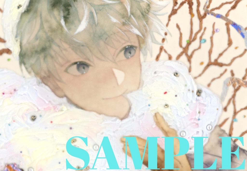 オリジナル 手描きイラスト 男の子 青年 「わたがしのマフラー」 正方形サイズ 透明水彩