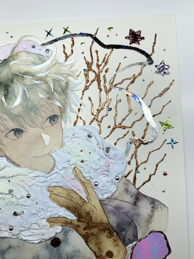 オリジナル 手描きイラスト 男の子 青年 「わたがしのマフラー」 正方形サイズ 透明水彩