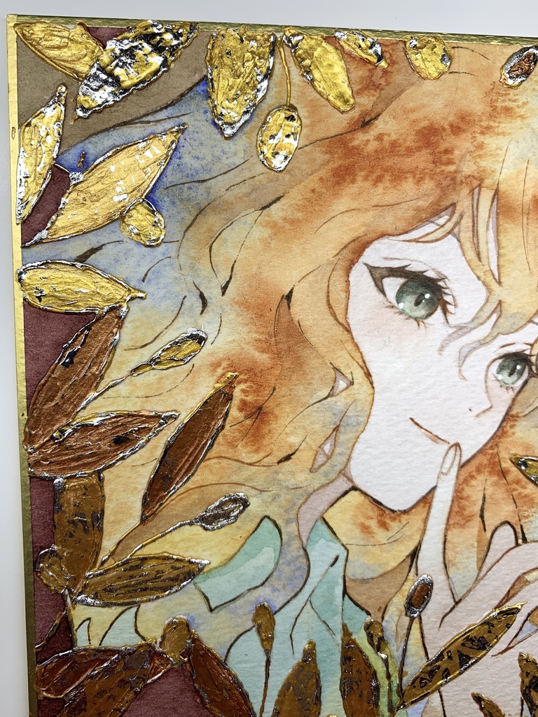 オリジナル 手描きイラスト 女の子 「オリーブの香り」 1/4色紙サイズ 透明水彩